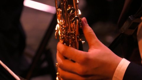 Saxophone player. Hand of musician playing jazz saxophone during live performance on stage