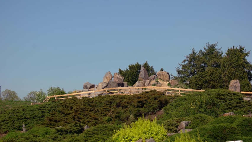 Scenic spring park nature landscape with blue sky in the background. Beautiful landscape design of botanical garden.