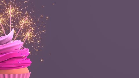 One birthday cupcake with pink cream and burning sparklers on purple background. 3d 4k festive looped animation with copy space for any text