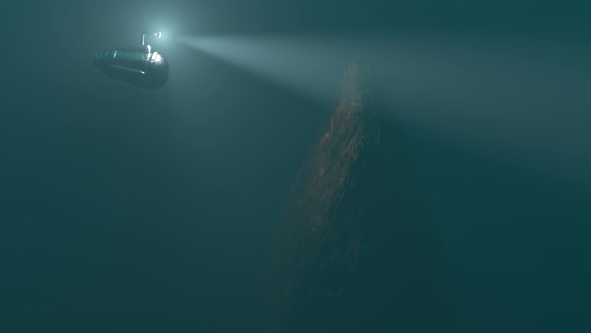 A small bathyscaphe explores old sunk ship on the bottom of the sea 3d animation. Discovering and inspecting of shipwreck underwater. Marine archeology Royalty-Free Stock Footage #1091007773