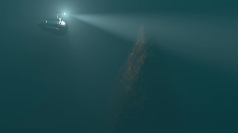 A small bathyscaphe explores old sunk ship on the bottom of the sea 3d animation. Discovering and inspecting of shipwreck underwater. Marine archeology