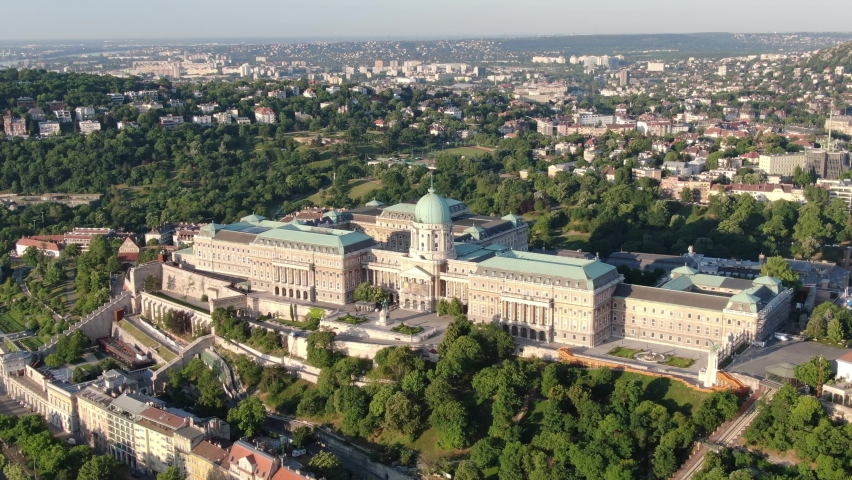 Flight over Buda Castle in Budapest, capital of Hungary, Europe