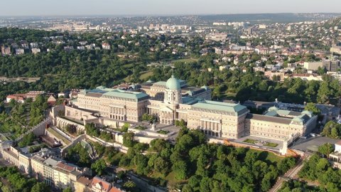 Flight over Buda Castle in Budapest, capital of Hungary, Europe