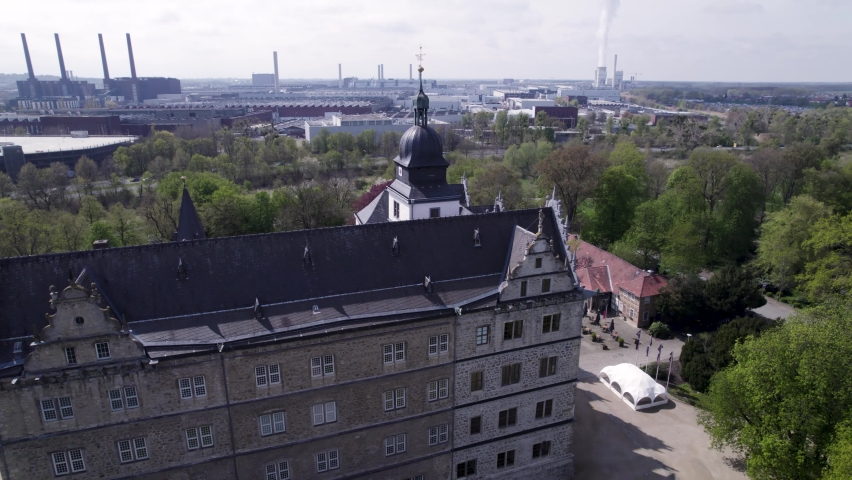 Historic Castle Wolfsburg rotating aerial view - Germany