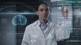 doctor using medical graphic interface touch screen studying human body system,scientist anatomist analyzing health condition of human organs uses future holographic 3d technology - Powered by Shutterstock - Get 15% off with code: PIKWIZARD15