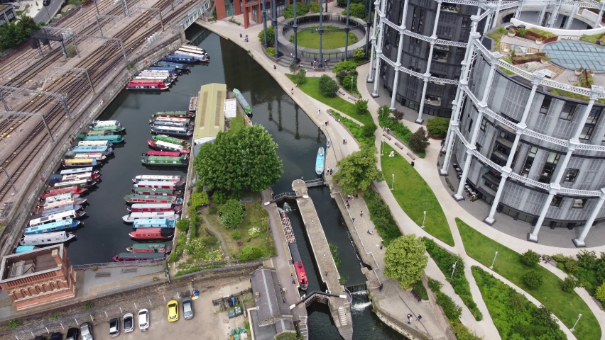 St Pancras lock, kings cross regents canal London UK drone aerial view Royalty-Free Stock Footage #1091035439