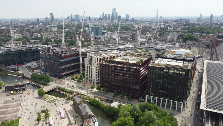 London city skyline Kings cross drone aerial view Royalty-Free Stock Footage #1091035467