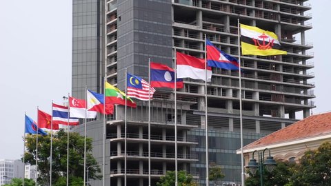 Ho Chi Minh City, Vietnam - April 20, 2022: The flags of ASEAN and ten countries of ASEAN in Ho Chi Minh city
