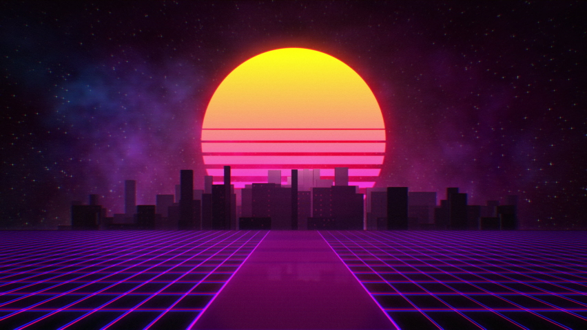 Sunset, Grid, and City 80s Retrowave Background Royalty-Free Stock Footage #1091042215