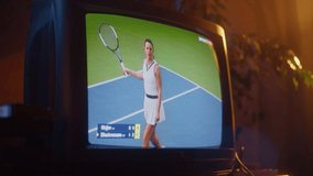 Close Up Footage of a Dated TV Set Screen with Live Sports Tennis Match Broadcast. Athletic Female Player in White Loses a Point. Nostalgic Retro Nineties Technology Concept. - Powered by Shutterstock - Get 15% off with code: PIKWIZARD15