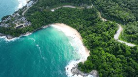 Aerial view video Phuket Thailand. Aerial view of Tropical aerial landscape ocean sea.  Beautiful road on mountain landscape.