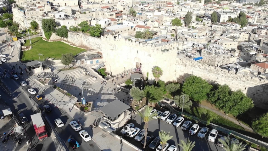 Aerial view over Jerusalem Damascus Gate (Shechem Gate)
Drone view from Shechem Gate, Damascus Gate, may 2022, israel
