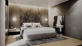 4K video 3d rendering a luxury bedroom interior with bedding sheet dark and gold tone modern style, stone and wooden headboard, wooden floor.