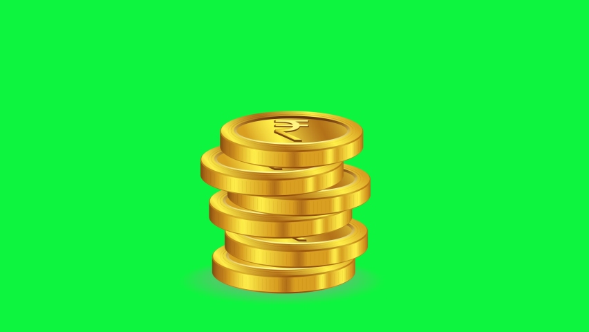 Gold Coins Indian Currency Sign - animated cartoon on Green screen 4k  background