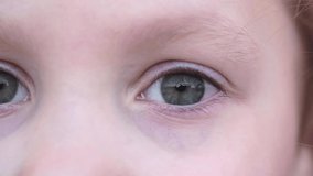 Close up video of a girl opening her gray-green eyes, looking directly into the camera and blinking. Slow motion. Selective focus