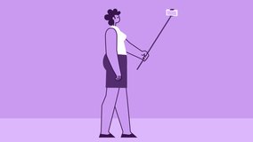 Purple Style Woman Flat Character Walking with Selfie Stick. Isolated Loop Animation with Alpha Channel