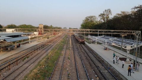 Gorakhpur, Uttar Pradesh- India - April 2 -2022- Indian Railway Train Arrival at station Video in form of background. 
