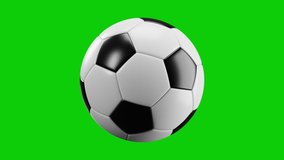 Very realistic isolated spinning soccer ball on a green background. Infinitely looped animation.