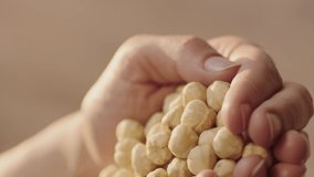 Close-up view of roasted hazelnuts.Woman holding a pile of roasted hazelnuts.Video for the vertical story.