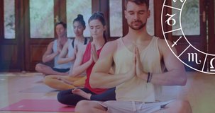 Animation of horoscope zodiac wheel over diverse people practicing yoga. Star signs, horoscope and yoga meditation concept digitally generated video.