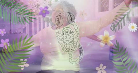 Animation of horoscope zodiac scorpio star sign over senior diverse people practicing yoga. Star signs, horoscope and yoga meditation concept digitally generated video.