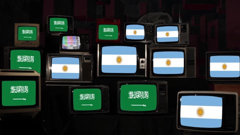 Flags of Argentina and Saudi Arabia on Vintage Televisions. 4K Resolution.