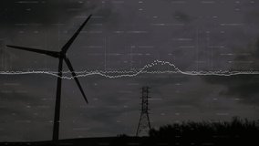 Animation of data processing over wind turbine. Global sustainability, ecology and environment concept digitally generated video.