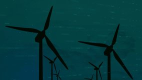 Animation of data processing over world map and wind turbines. Global sustainability, ecology and environment concept digitally generated video.