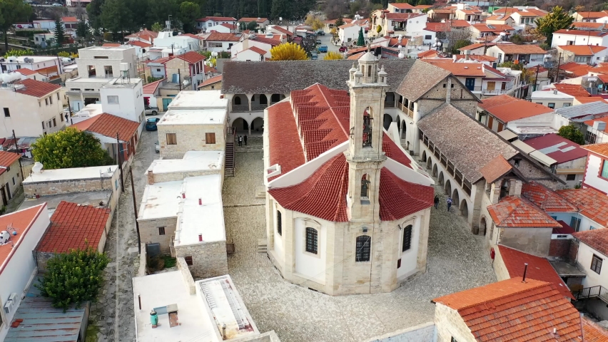 Orbit Shot Of Holy Orthodox Monastery , Detached Brick Houses, Omodos Village, Limassol, Cyprus Royalty-Free Stock Footage #1091062817