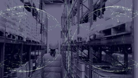 Animation of network of connections over back view of caucasian female warehouse worker. global business, connections and delivery services concept digitally generated video.