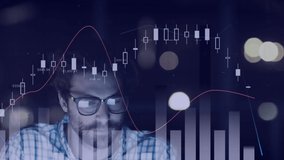 Animation of financial data and graph processing over tired caucasian man working. global business, finance, economy and technology concept digitally generated video.