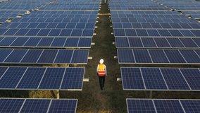 Slow motion shot, Aerial drone view, Flight over solar panel farm, back of young engineer wearing white helmet walking between solar panels row - Powered by Shutterstock - Get 15% off with code: PIKWIZARD15