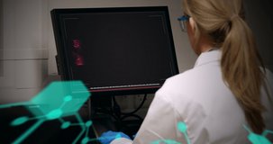Animation of scientific data processing over back of caucasian female lab worker using computer. science, human biology, technology and digital interface concept digitally generated video.