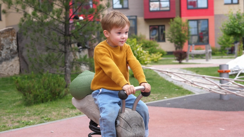 Cheerful child laughs while swinging on a children