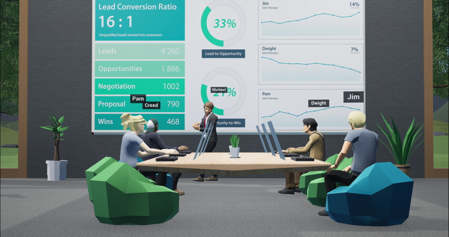 POV Person using VR headset during a business meeting in a virtual metaverse office, discussing company financial sales report stats. Generic 3d rendering Royalty-Free Stock Footage #1091093427