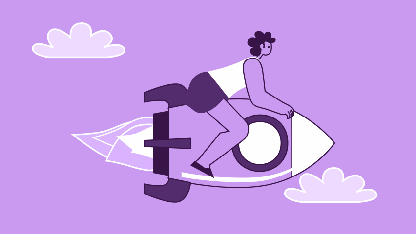 Purple Style Woman Flat Character Flies Forward Sitting on Rocket. Isolated Loop Animation with Alpha Channel