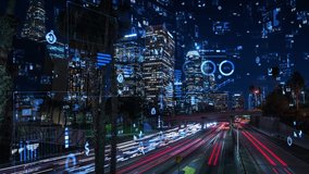 Holographic Icons and Charts over Time-lapse High View of I 110 Highway Full of Traffic.  Internet of Things, Augmented Reality, Transportation. Harbor Freeway, Downtown Famous Buildings in the Back - Powered by Shutterstock - Get 15% off with code: PIKWIZARD15