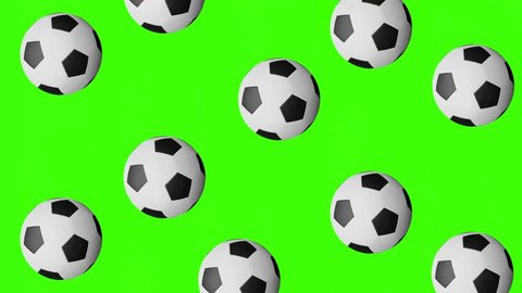 Football raining on the Green Screen 4K Animation, Sports concept backdrop. Black and white football rotating and raining