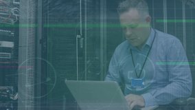 Animation of data processing over caucasian man in server room. global internet security, connections and data processing concept digitally generated video. - Powered by Shutterstock - Get 15% off with code: PIKWIZARD15