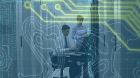 Animation of data processing over caucasian people in server room. global internet security, connections and data processing concept digitally generated video. - Powered by Shutterstock - Get 15% off with code: PIKWIZARD15