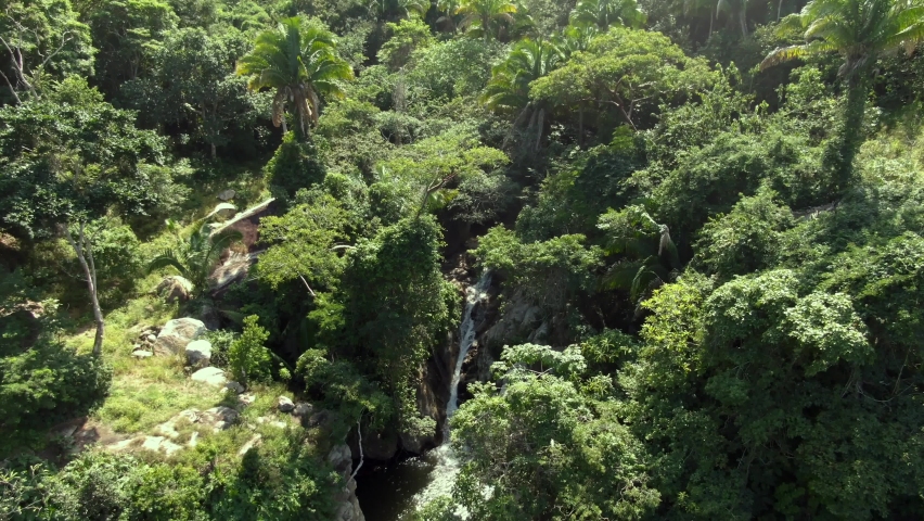 Breathtaking Landscape Of Yelapa Waterfalls In Deep Forest Mountains In Jalisco, Mexico. Aerial Tilt-down Shot