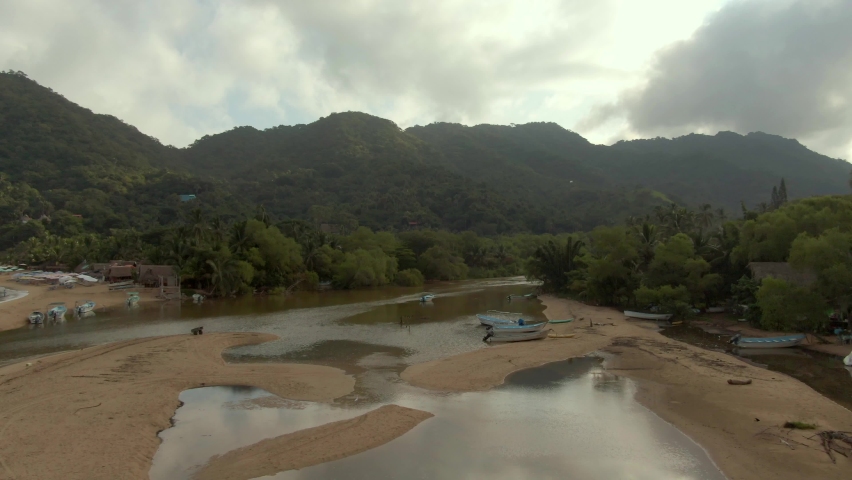 Nature Landscape At Yelapa River In Jalisco, Mexico On A Cloudy Day - aerial drone shot