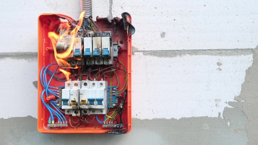 Burning switchboard from overload or short circuit on wall. Circuit breakers on fire and smoke from overheating due to poor connection. Dangerous home electrical wiring, copy space | Shutterstock HD Video #1091104101