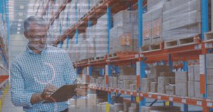 Animation of financial data processing over biracial warehouse worker. global shipping, delivery, business, data processing and technology concept digitally generated video.