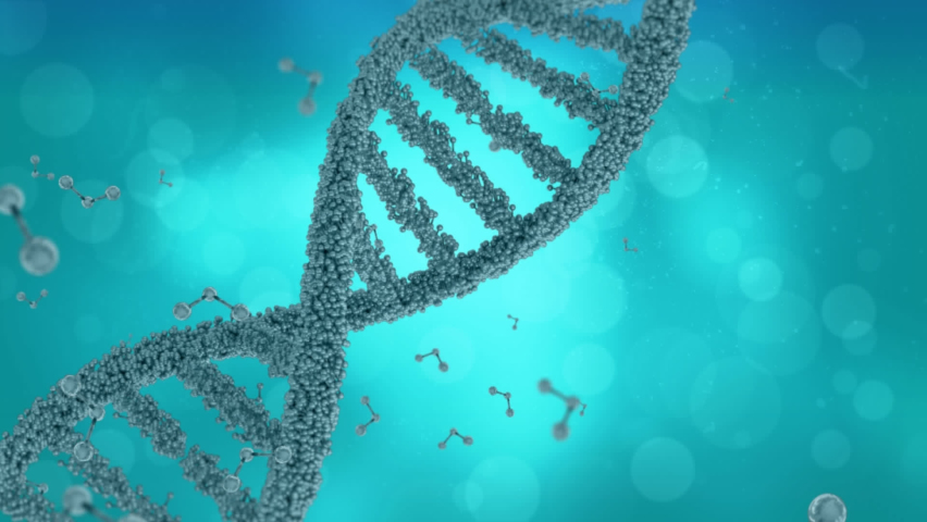 Animation of falling molecules over spinning dna strand on blue background. global science, connections, data processing and digital interface concept digitally generated video. - Powered by Shutterstock - Get 15% off with code: PIKWIZARD15