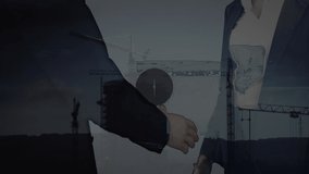 Animation of network of connections with icons over people shaking hands. global connections, data processing and digital interface concept digitally generated video.