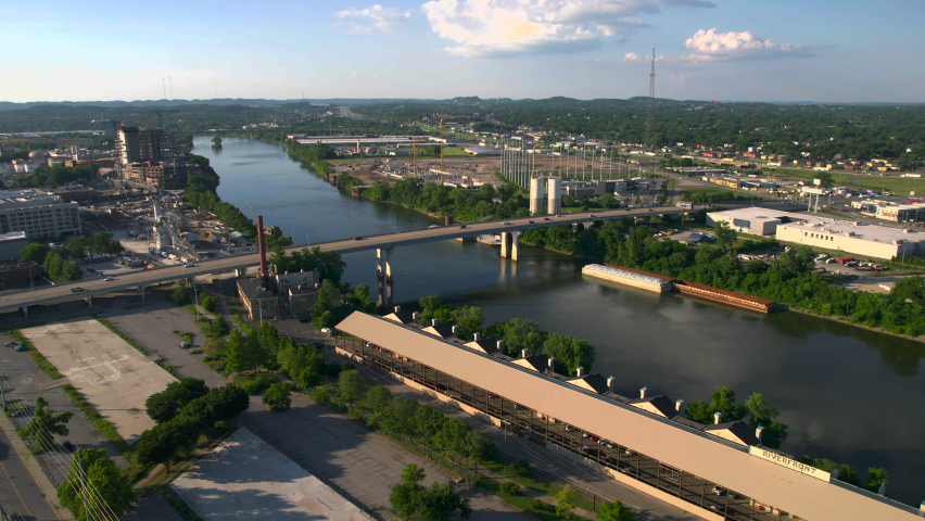 Aerial view towards the Jefferson street bridge on the Cumberland river, in sunny Nashville, USA