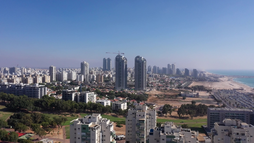 Ashdod city buildings aerial view at noon
Drone view from , Israel, Ashdod,June,07,2022
