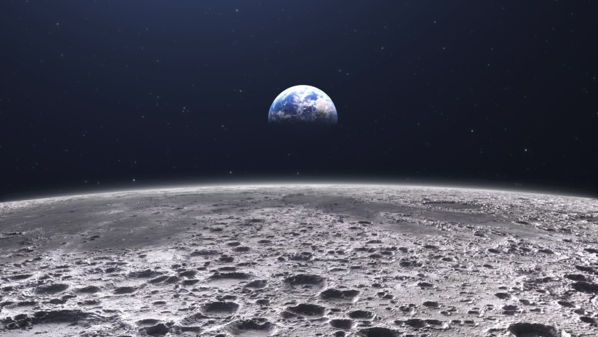 Cinematic planet earth view from the moon surface. Starry space in the background. Travel across the lunar soil with craters. | Shutterstock HD Video #1091118023