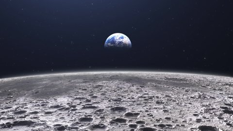 Cinematic planet earth view from the moon surface. Starry space in the background. Travel across the lunar soil with craters. Video Stok